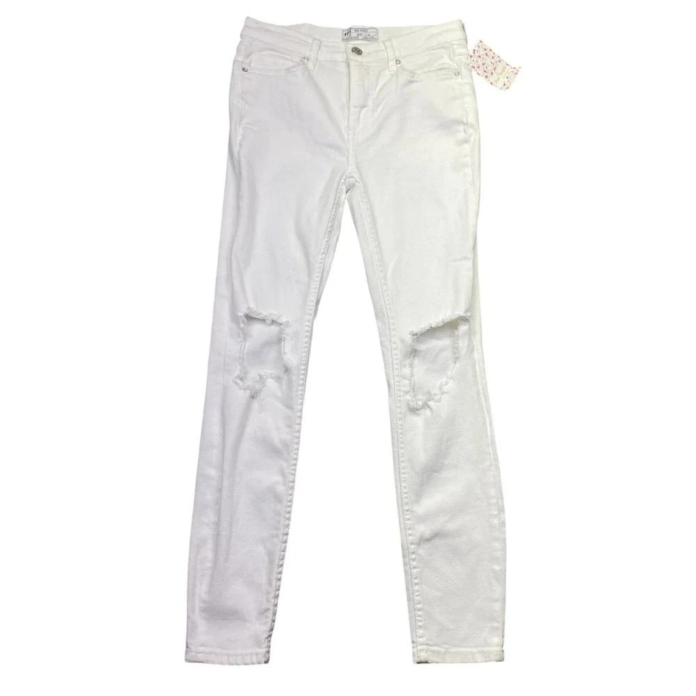 Free People White Distressed Skinny Jeans High Rise Blown Out Knee‎ Sz 26 NWT